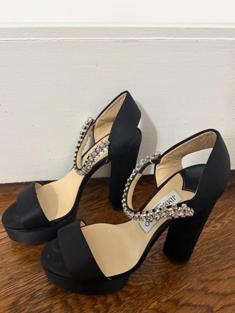 Jimmy Choo Black Platform Sandals with Crystal Ankle Straps